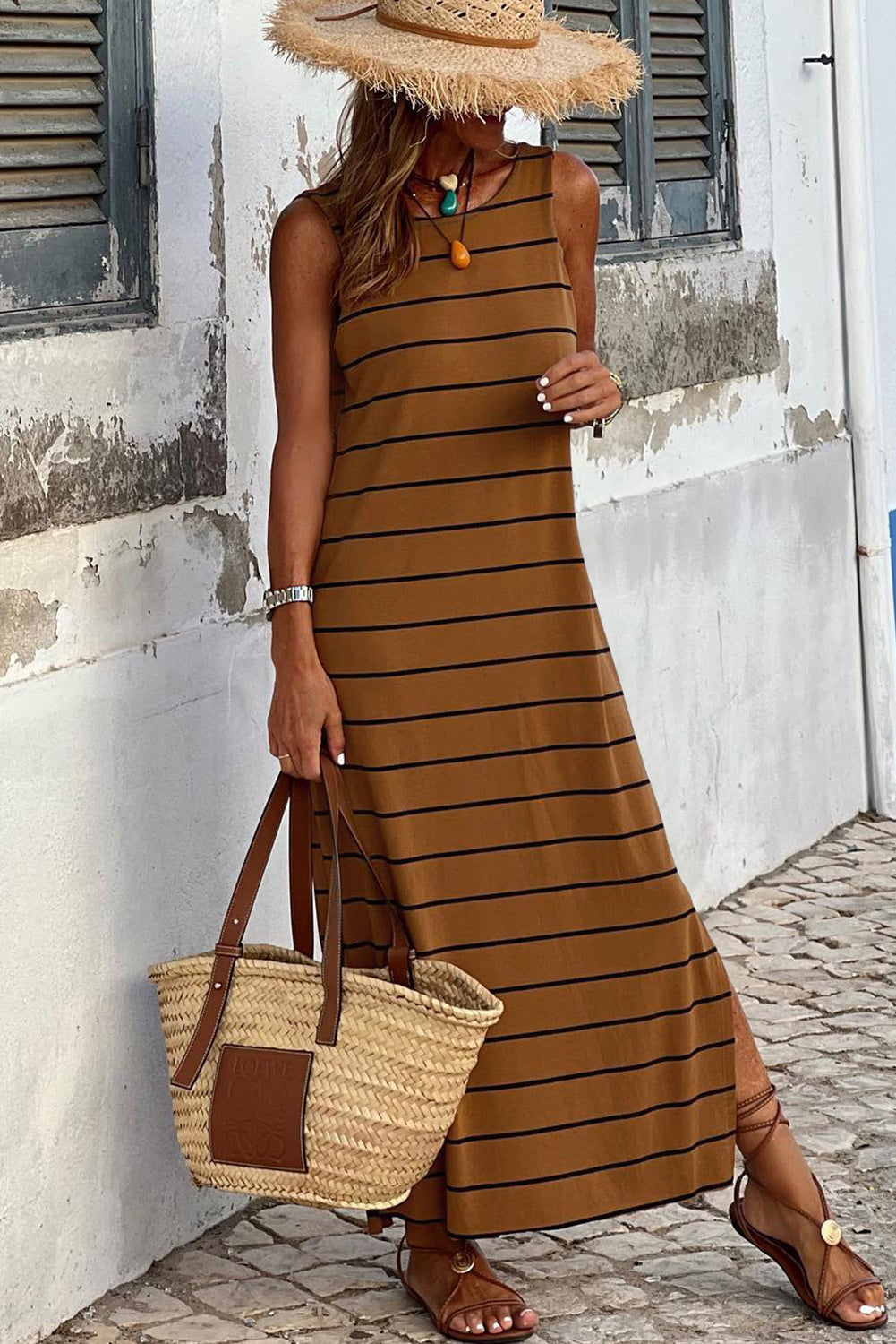 Brown Stripe Print Open Back Sleeveless Maxi Dress with Slits