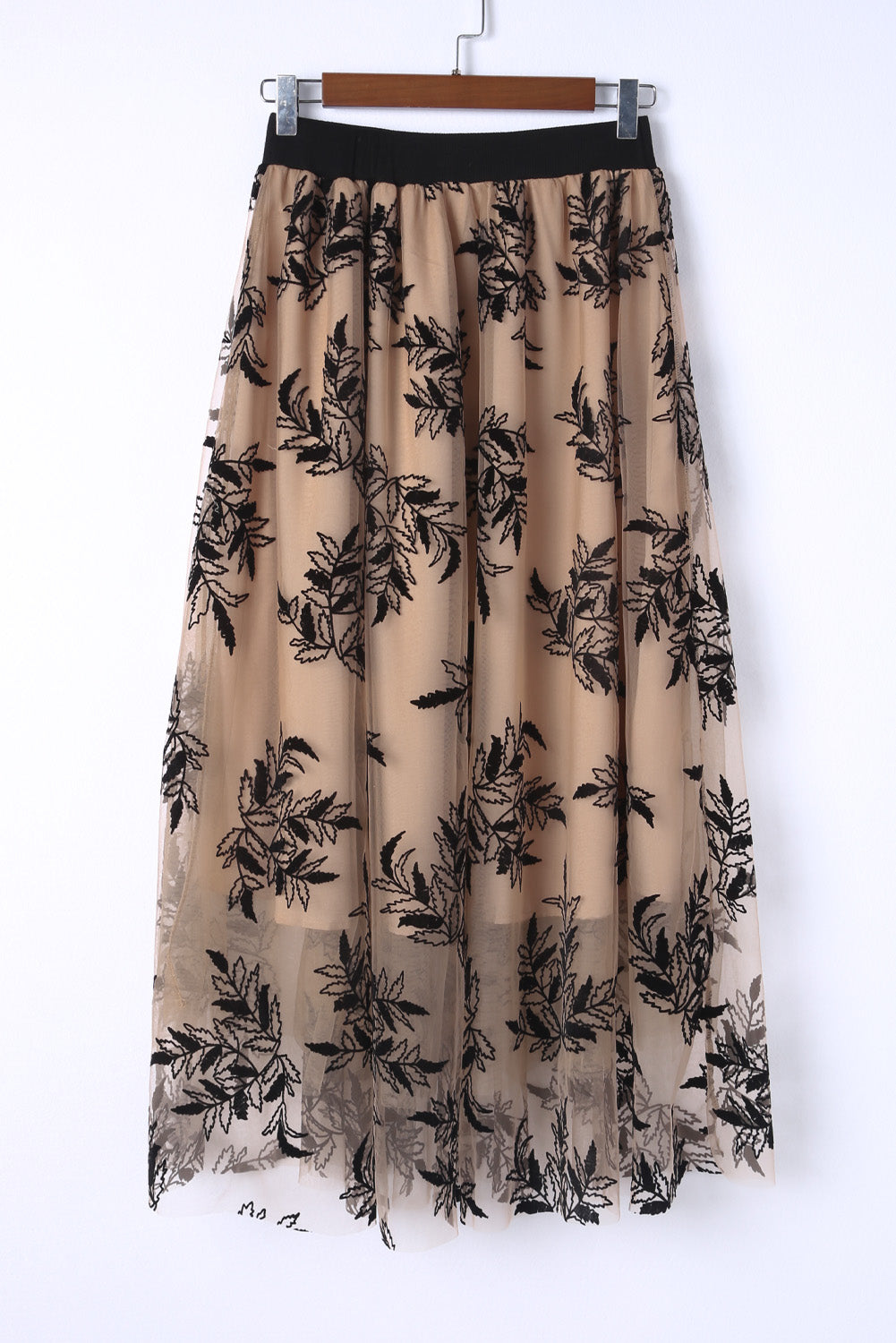 Apricot Floral Leaves Embroidered High Waist Maxi Skirt