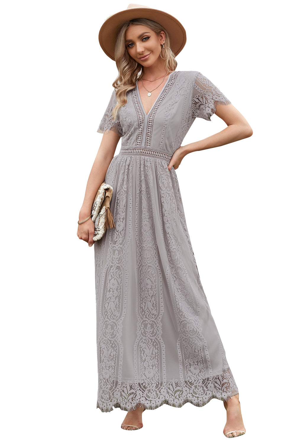 Gray Blue Fill Your Heart Lace Maxi Dress
