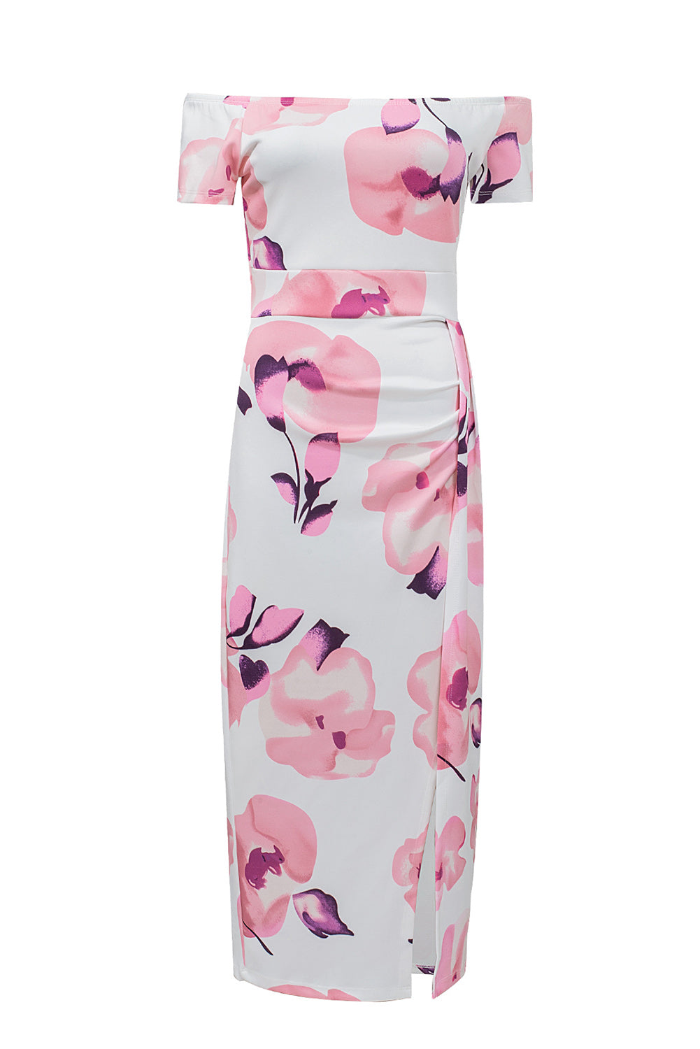 Pink Floral Print Off Shoulder Slit Bodycon Midi Dress
