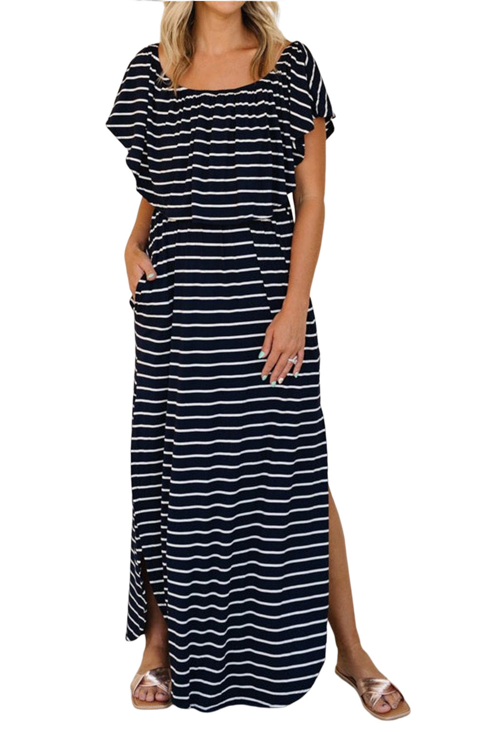 Blue Striped Print Ruffled High Waist Maxi Dress with Side Splits