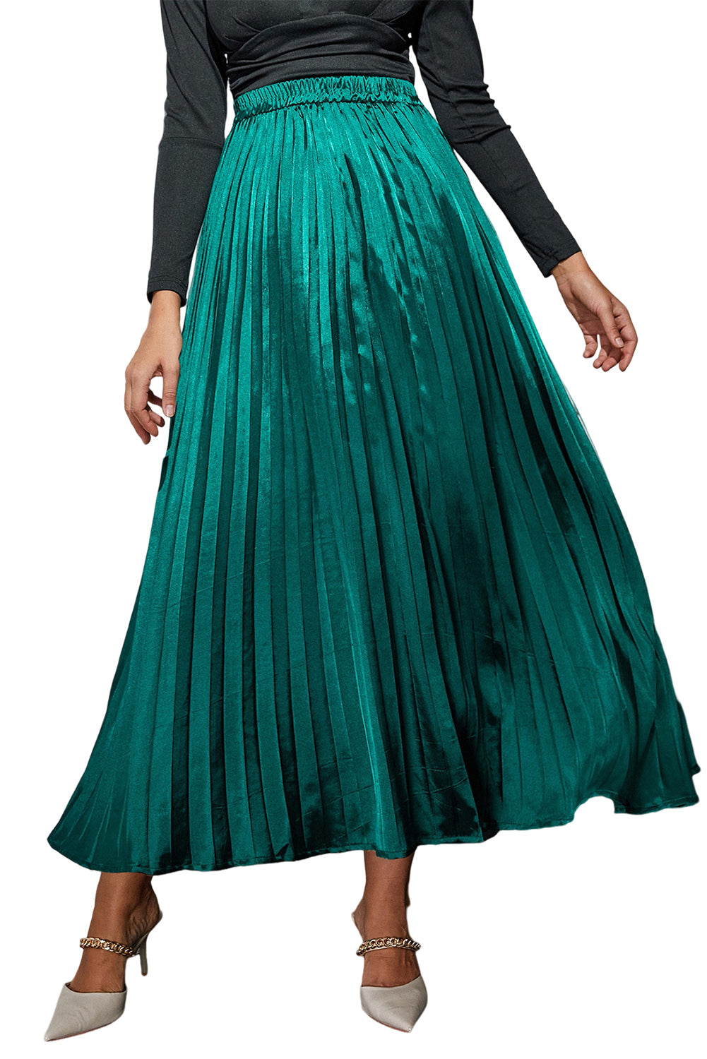Blackish Green Satin Elastic Waist Pleated Maxi Skirt