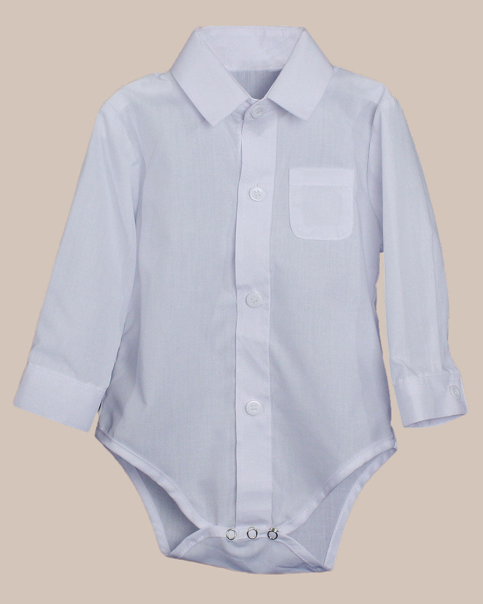 Baby Boys Poly Cotton Button Up White Dress Shirt Body Suit Romper with Collar