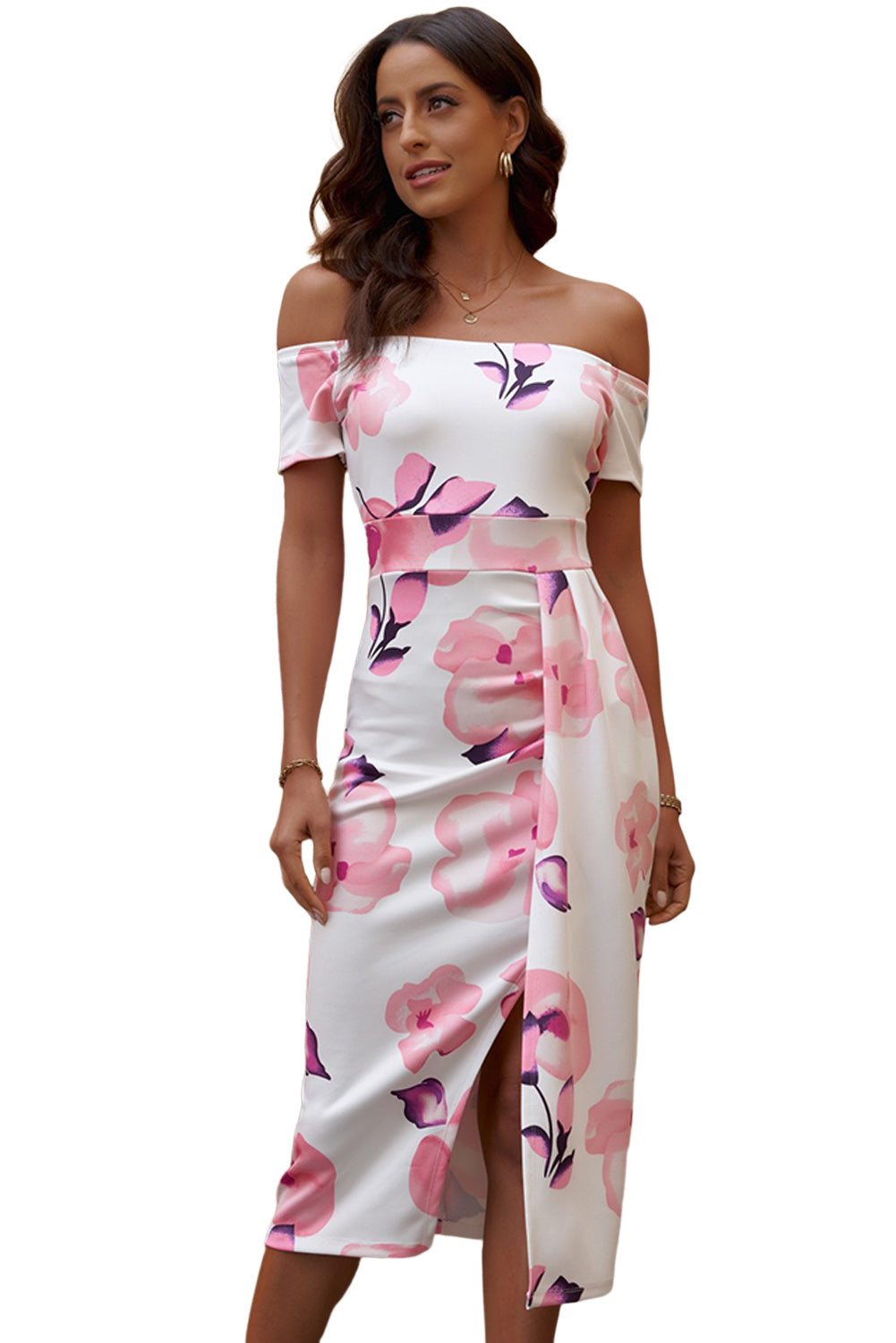 Pink Floral Print Off Shoulder Slit Bodycon Midi Dress