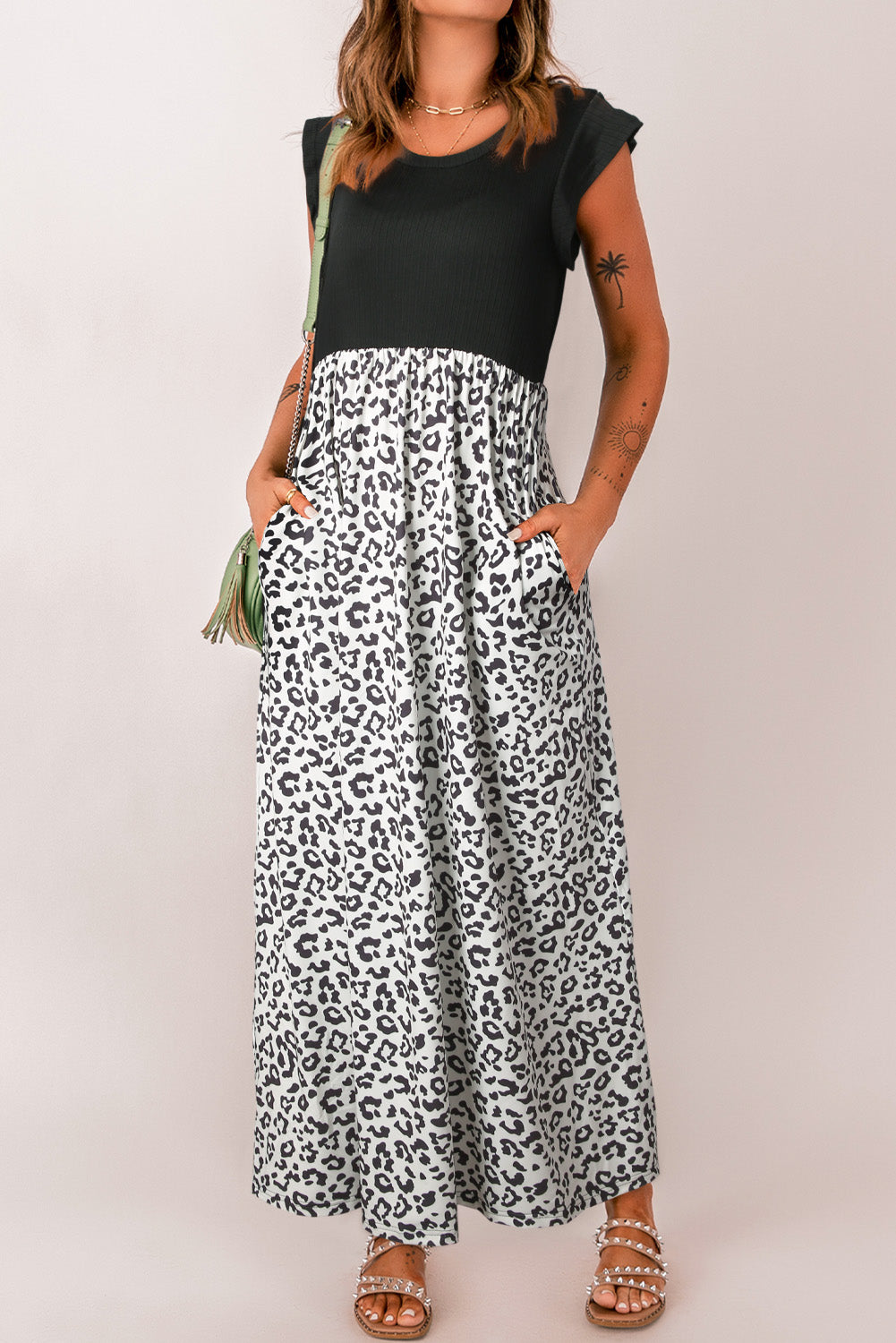 Black Leopard Patchwork Ribbed Maxi Dress with Pockets