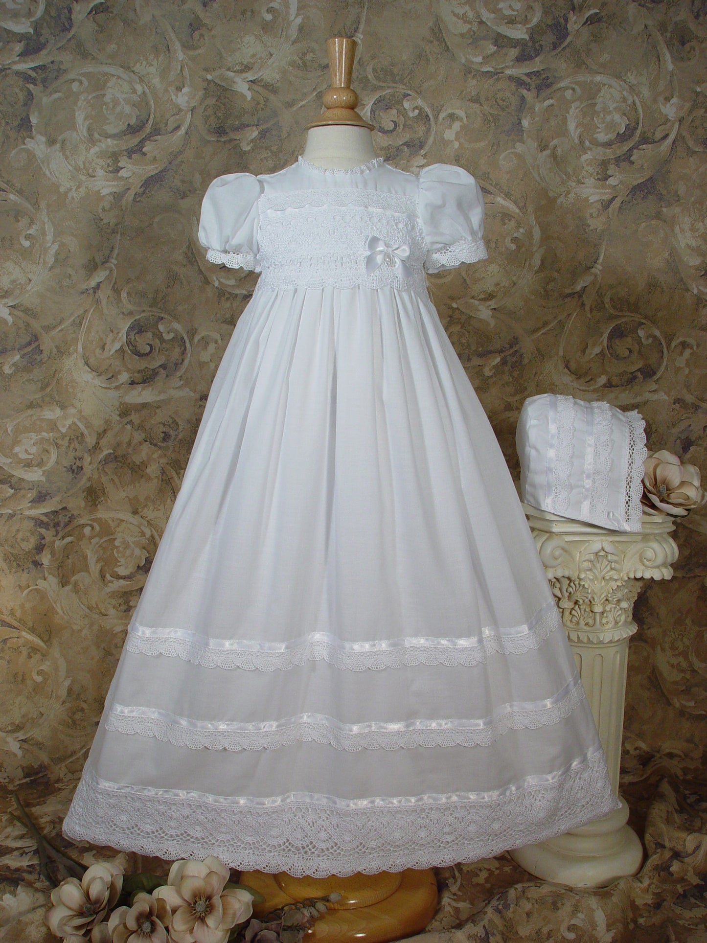 Girls Cotton Short Sleeve Dress Christening Baptism Gown with Lace and Ribbon (CA25GS)
